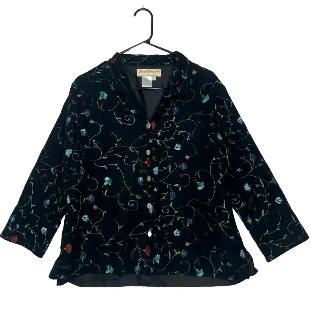 Silk Embroidered Button Down Blouse Jacket Floral Fairy Grunge Cottagecore Top L